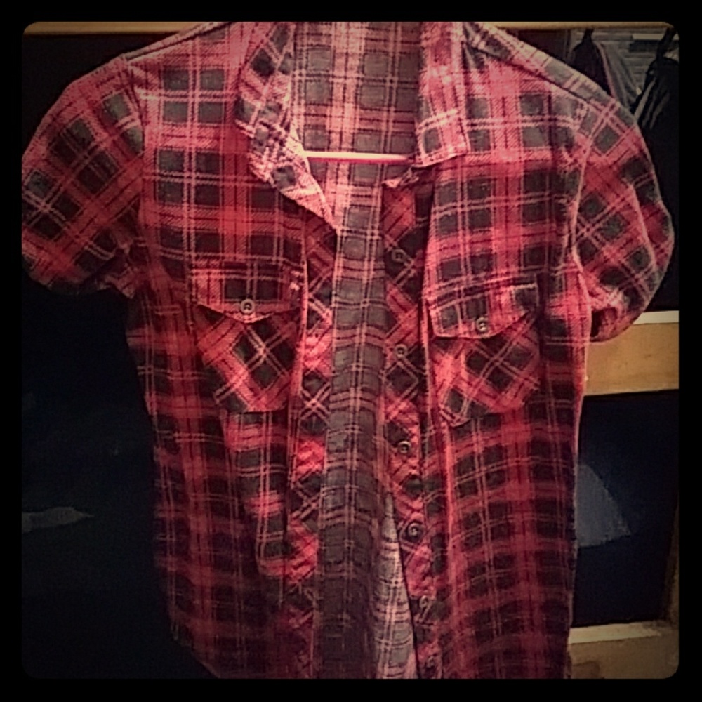 Red and black button up short sleeve flannel